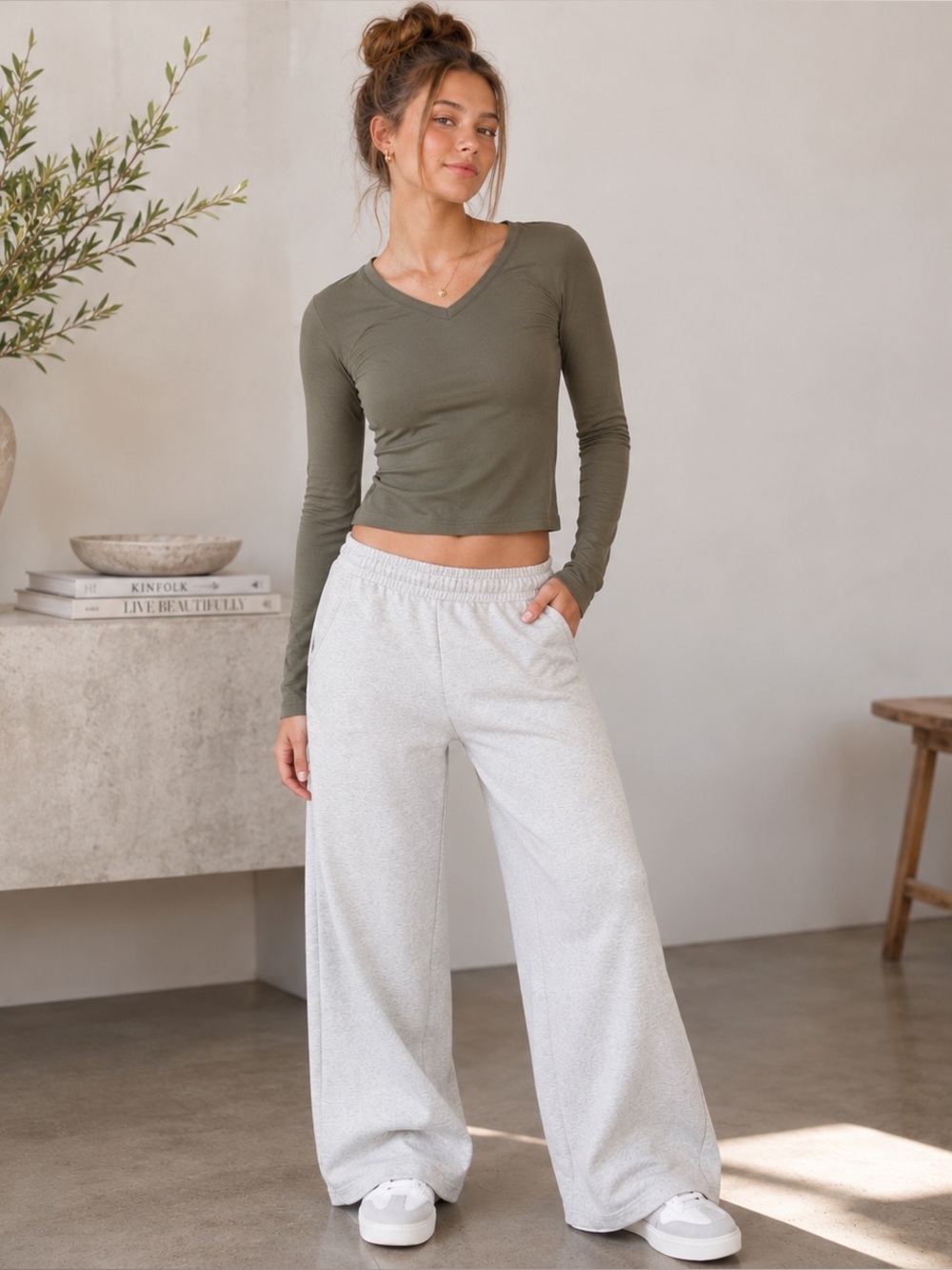 Athleta Olive V Neck Cropped Long Sleeve Tee | Supima Cotton | Size Large